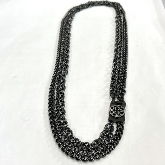 NWOT COACH Op-Art Gunmetal Multi-Chain 3-Strand Tiered Necklace Crystal Clasp - Picture 2 of 16